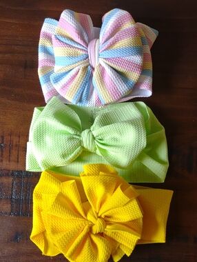 Kids Stretch Bow Headbands Set - Pastel Stripe, Lime Green & Bright Yellow